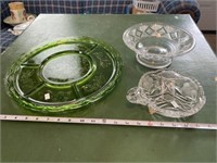 Etched Glass Handled Dish, Chips, Pressed Glass