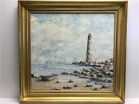 Oil on canvas lighthouse set in antique frame
