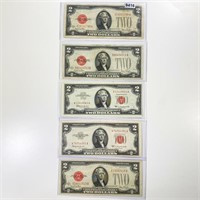 (5)1920/1953/1963 Red Seal $2 Bills UNCIRCULATED