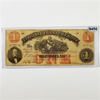 1862 Virginia $1 Bill LIGHTLY CIRCULATED