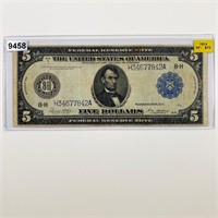 1914 Blue Seal $5 Bill LIGHTLY CIRCULATED