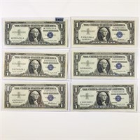 (6) 1957 Blue Seal $1 Bills UNCIRCULATED