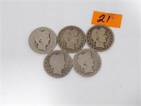 5 Barber Quarters mixed dates silver