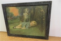 Vint Framed Picture of Puppy & Little Girl 13.5 L