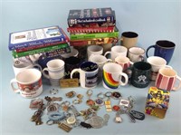 Coffee mugs,  key chains, books and notepads