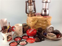 Picnic basket, lanterns, Coca-Cola, clocks, mugs