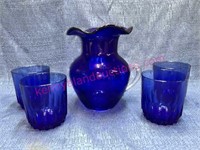 Cobalt blue glass pitcher & 4 glasses