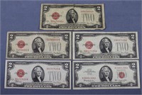 (5) Two Dollar Red Seal Notes