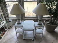 Wicker White Lamp Tables w/ Lamps & Serving Cart