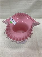 Fenton white over pink top hat with crimped rim,