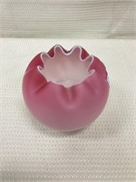 Hand blown pink overlay rose bowl with crimped