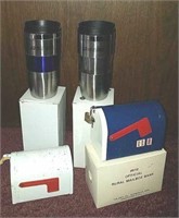 2 U.S. mail thermal mugs and mailboxes