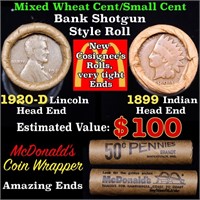 Mixed small cents 1c orig shotgun roll, 1920-d Whe