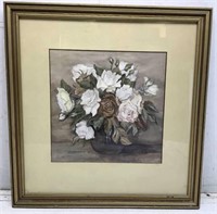 Watercolor Under Glass of Vase of Roses By Listed