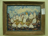 Mid-century oil on board painting of Christ and