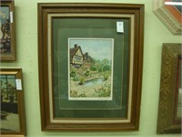 Scenic English watercolor landscape of a Tudor