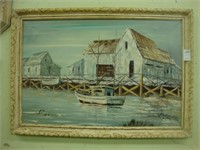 Large oil on canvas of boats, artist signed.