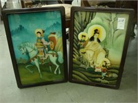 Pair of reverse painted Oriental glass panels.