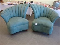 Pair of green tufted Art Deco fan chairs by