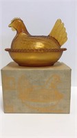 Indiana Amber glass hen on a nest w/ box