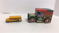 Cherry dale farms piggy bank and a toy school bus