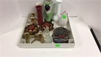 Tray lot w/ 5 vases & 4 pair candle holders (tray