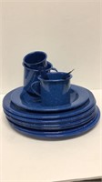 7 blue enamel plates, 1 bowl, 2 adult mugs, 1
