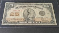 1923 Dominion Of Canada 25 Cent Banknote