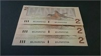 Three 1986 Unc Consecutive 2 Dollar Banknotes