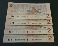 Four 1986 Canada Consecutive 2 Dollar Banknotes