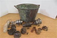 Antique Brass Bucket w Aladdin Oil Lamp Parts +