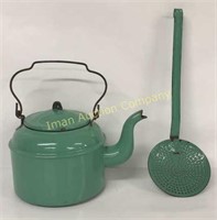 Green Enamel Tea Pot & Strainer
