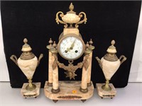 French Marble and Brass Mantle Clock Set with