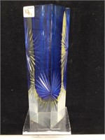 Murano Cobalt and Yellow Glass Vase 10in H
