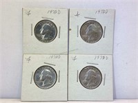 4 Silver Washington Quarters With assorted dates