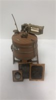 Toy antique Maytag washer and three old pictures