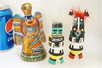 2 Kachina Dolls & Pottery Candleholders