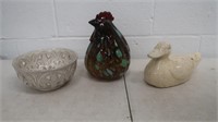 3 Pcs-Glass Rooster(heavy), Crackle Duck & Bowl