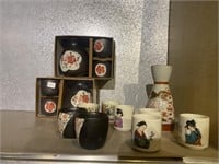Elegant sake sets black & white red flower design