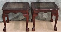 PAIR-MAHOGANY GLASS TOP END TABLES*BALL & CLAW