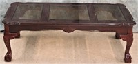 MAHOGANY GLASS TOP CLAW & BALL COFFEE TABLE
