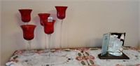 Red & clear glass candle holders & sister angel