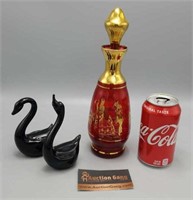 Red & Gold Glass Decanter & Pair of Black Glass