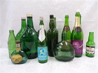 13 GREEN GLASS BOTTLES