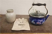 Metal Teapot, US GOV Bag & Pottery Vase