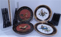 (2) Rooster, (2) Bird Plates & (8) Plate Stands