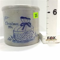 1994 Blue & Gray Christmas Basket Stoneware Crock