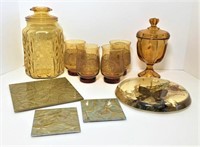 Vintage Amber Glass Cookie Jar and Glasses