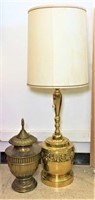 Large Brass Lamp and Lidded Urn