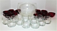 Round Punch Bowl with Red and Clear Cups